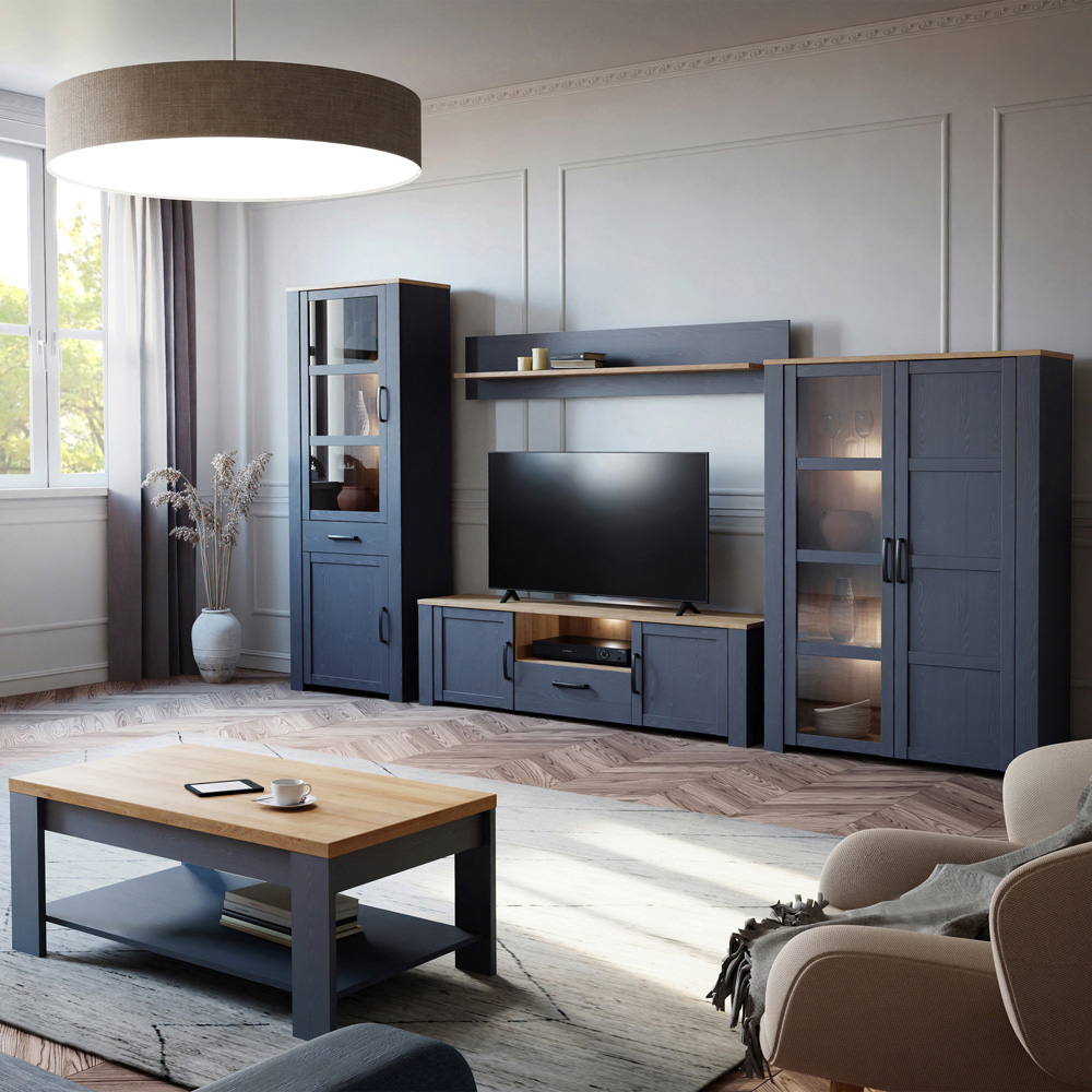 Florence Bohol 2 Door Single Drawer Riviera Oak and Navy Narrow LED Display Cabinet Image 7