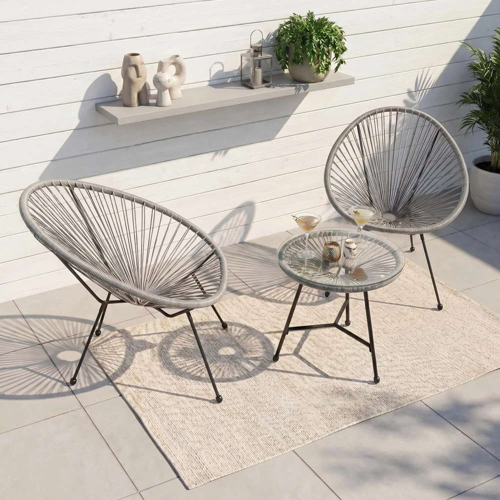 Alivio 2 Seater Grey Acapulco-Style Garden Bistro Set with Glass Top Table Image 2