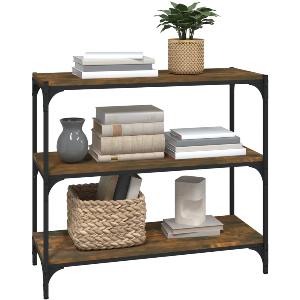 vidaXL 3 Shelf Smoked Oak Wood and Steel Bookcase Image 4