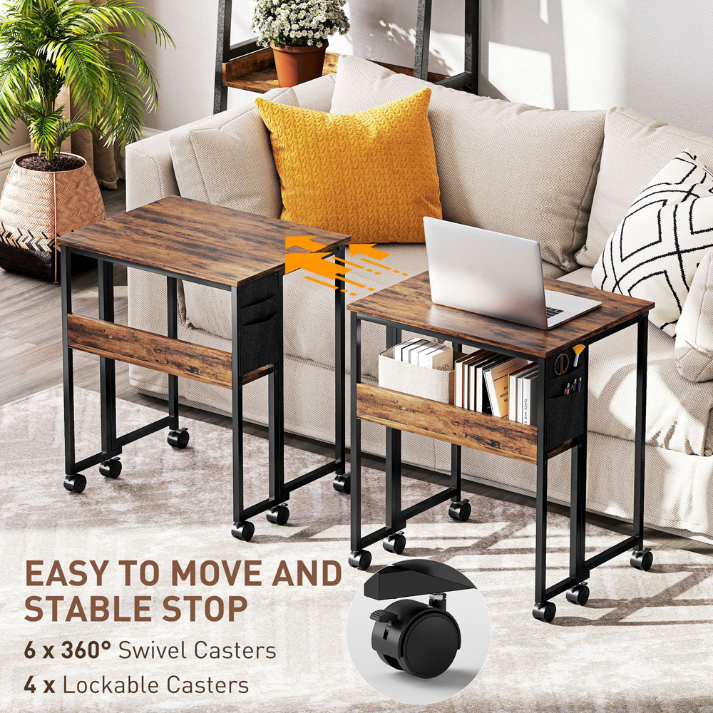 HOMCOM Single Shelf Foldable Computer Desk with Wheels and Side Bag Rustic Brown Image 6