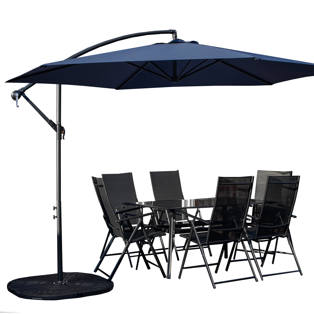 Samuel Alexander 6 Seater Glass Top Outdoor Dining Set with Blue Banana Parasol and Base Image 2