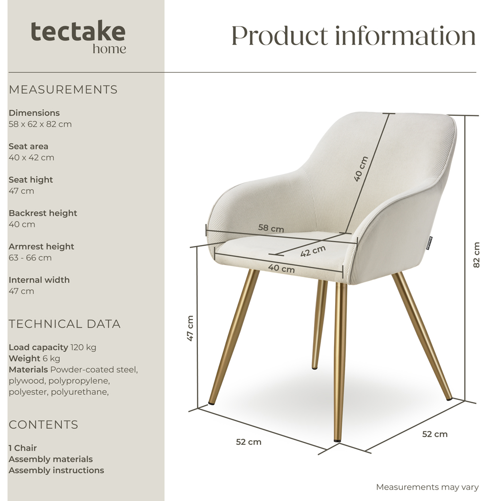 tectake Marilyn Cream and Gold Corduroy Padded Dining Chair Image 9