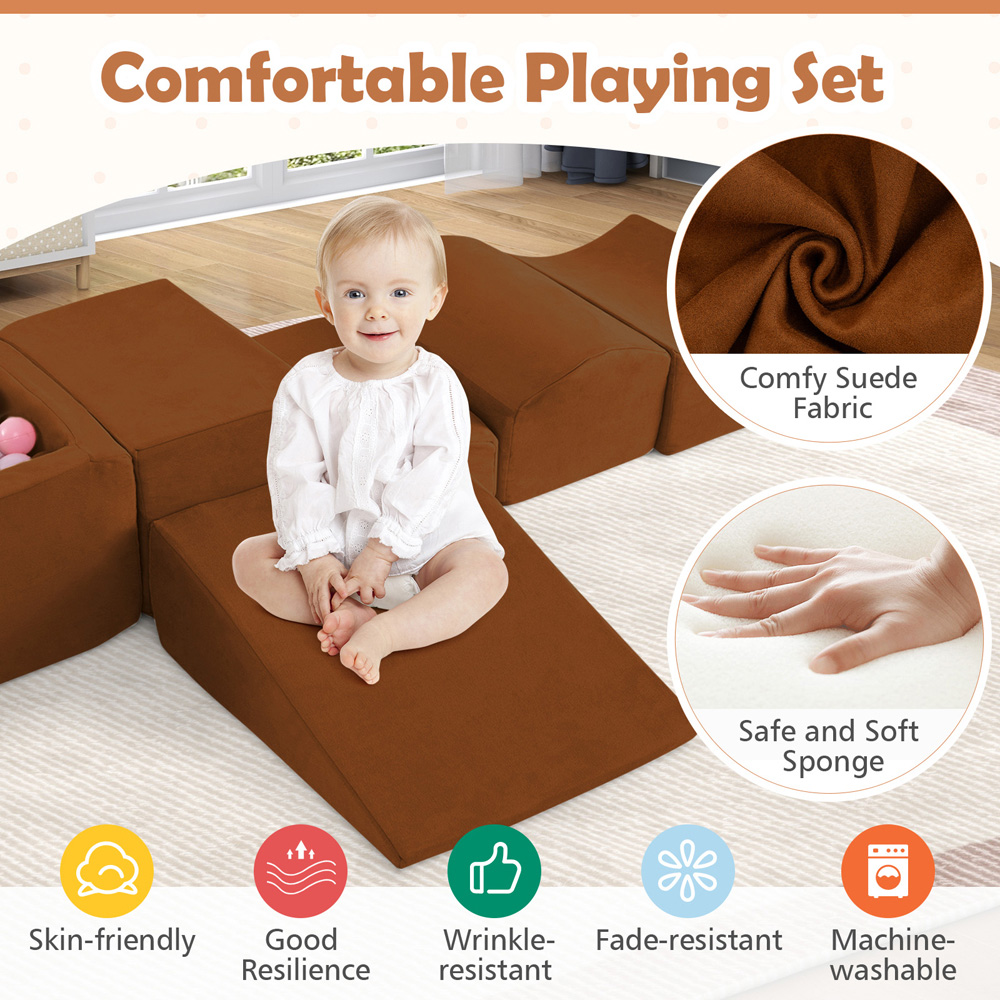 Costway Kids Brown 5 Piece Climb and Crawl Play Set with Ball Pit Image 5