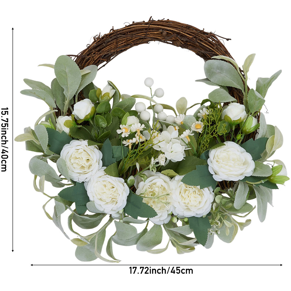 Living and Home Artificial Peony Rustic Door Wreath with Green Leaves 45cm Image 8