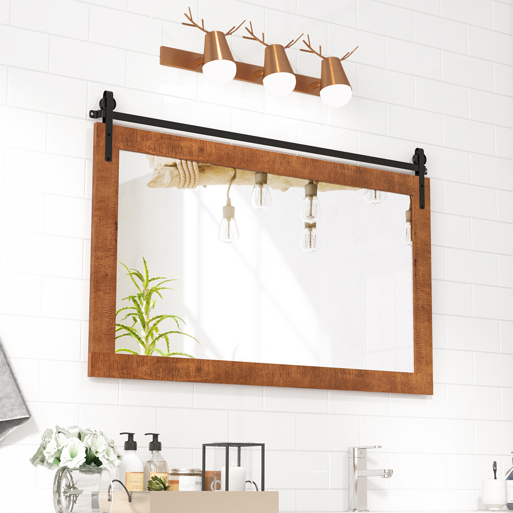 Costway Brown Fir Wood Frame Farmhouse Wall Mirror 66 x 100cm Image 2