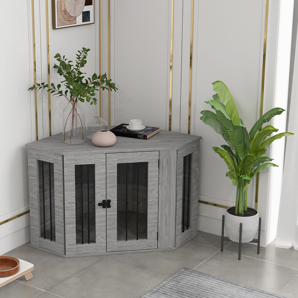 PawHut Grey Dog Crate End Table with Cushion 104cm Image 2