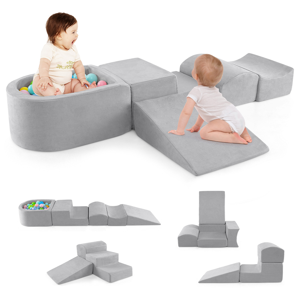 Costway Kids Grey 5 Piece Climb and Crawl Play Set with Ball Pit Image 5