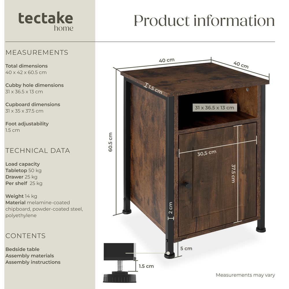 Tectake Blackburn Single Door Single Shelf Rustic Dark Wood Bedside Table Image 9