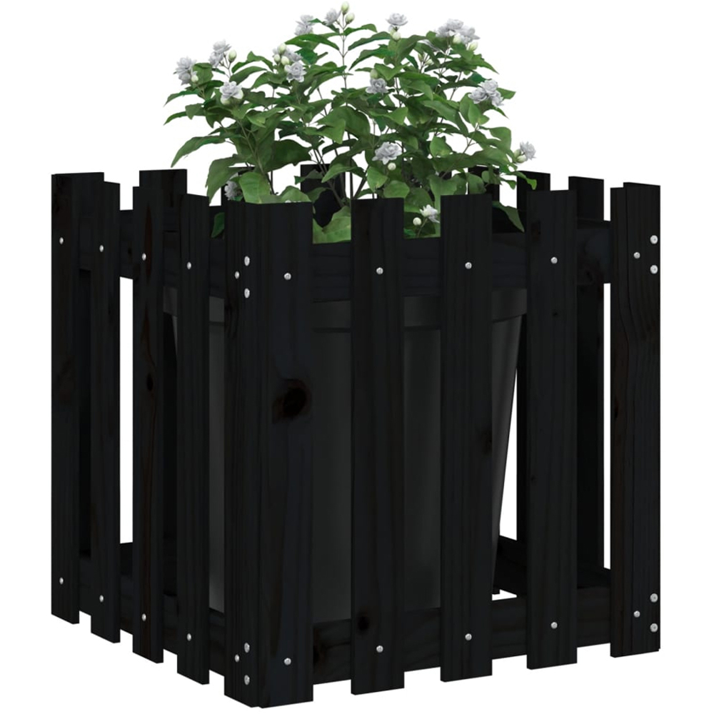 vidaXL Black Solid Pine Wood Fence Design Garden Planter 50 x 50 x 50cm Image 2