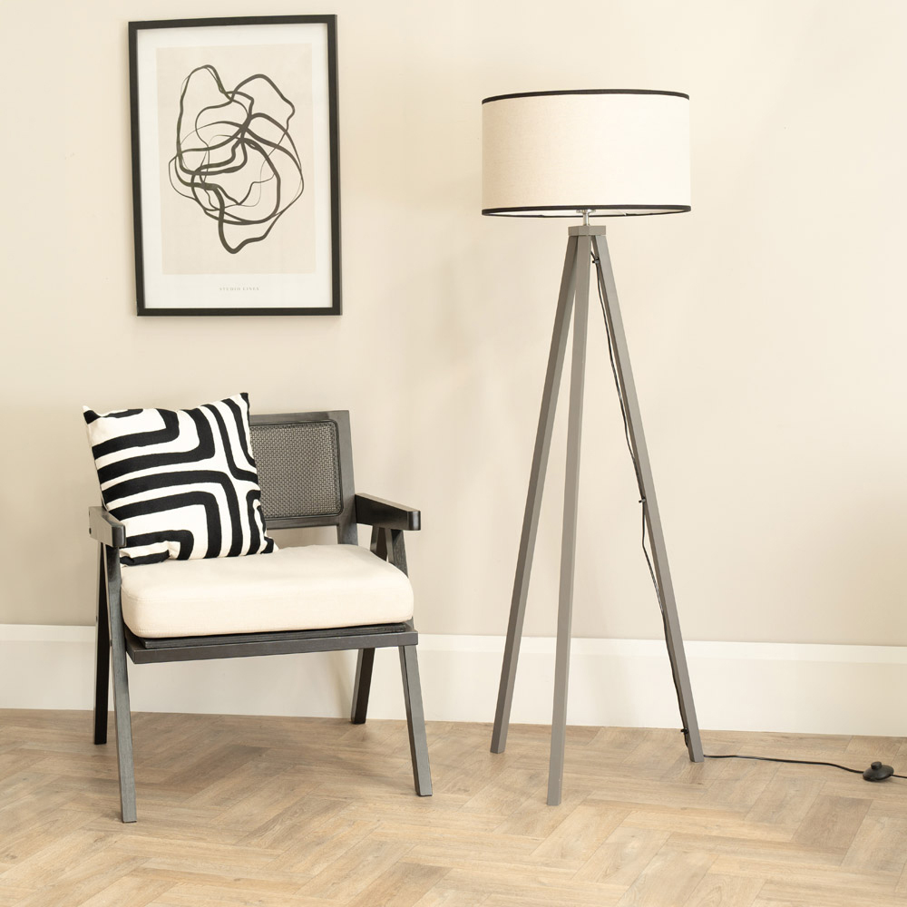 ValueLights Barbro Natural Linen Black Edge Drum Shade Grey Wood Tripod LED Floor Lamp Image 3