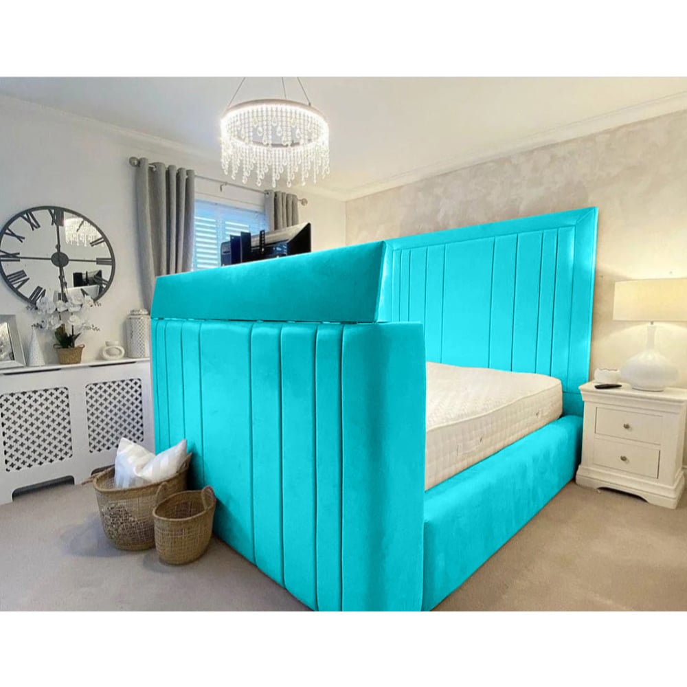 Eleganza Home Genna King Size Teal Plush Velvet TV Bed Frame with Lined Headboard Image 3
