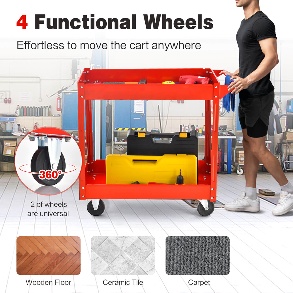 Costway 2 Shelf Red Tool Trolley with Wheels Image 6