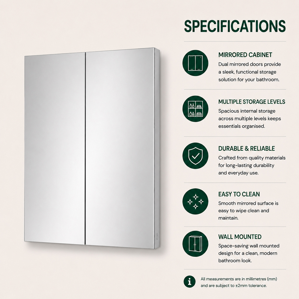 Go Bathrooms Neon 2 Door Mirrored Wall Cabinet 600mm Image 4