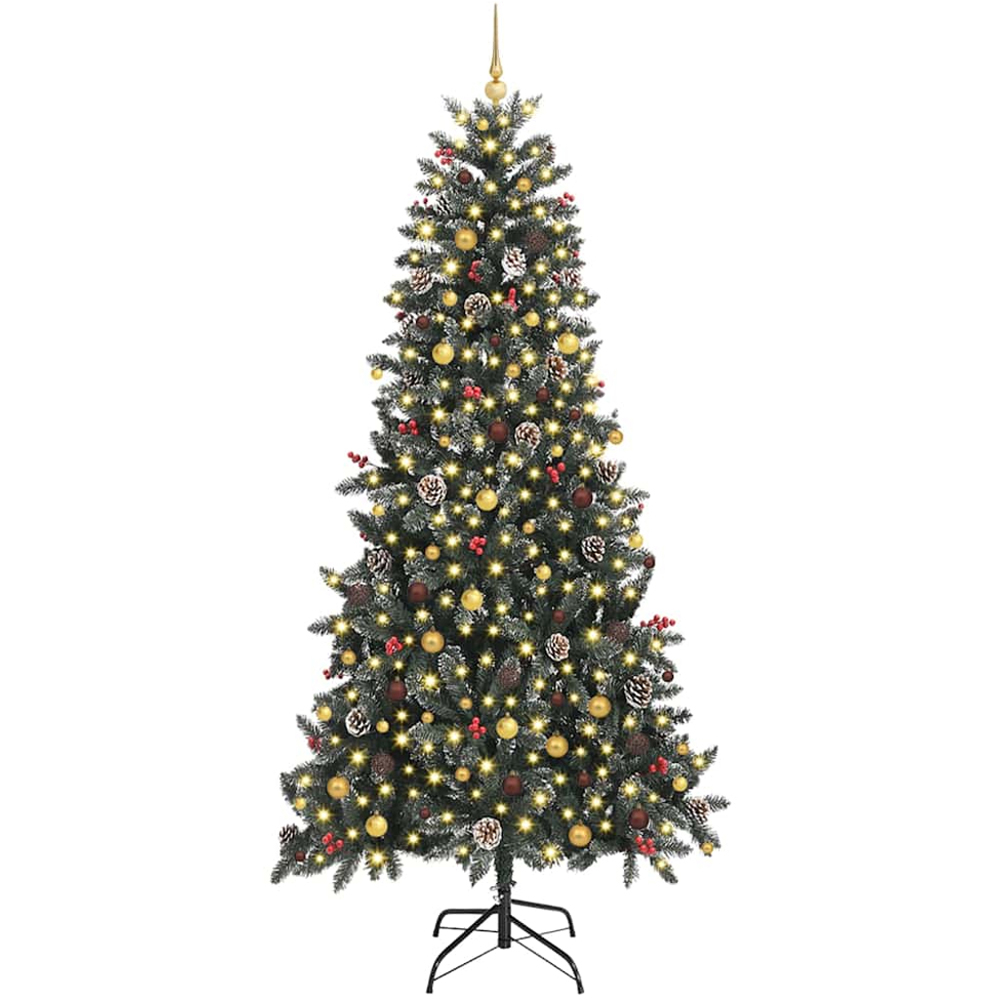 vidaXL Pre-Lit Gold Bronze Baubles and Pinecones Green Artificial Snow Tipped Christmas Tree 8ft Image 1
