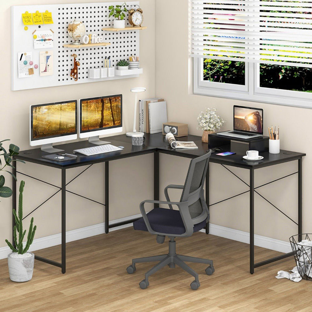 Costway Black Reversible Corner Study Workstation with Monitor Stand Image 1