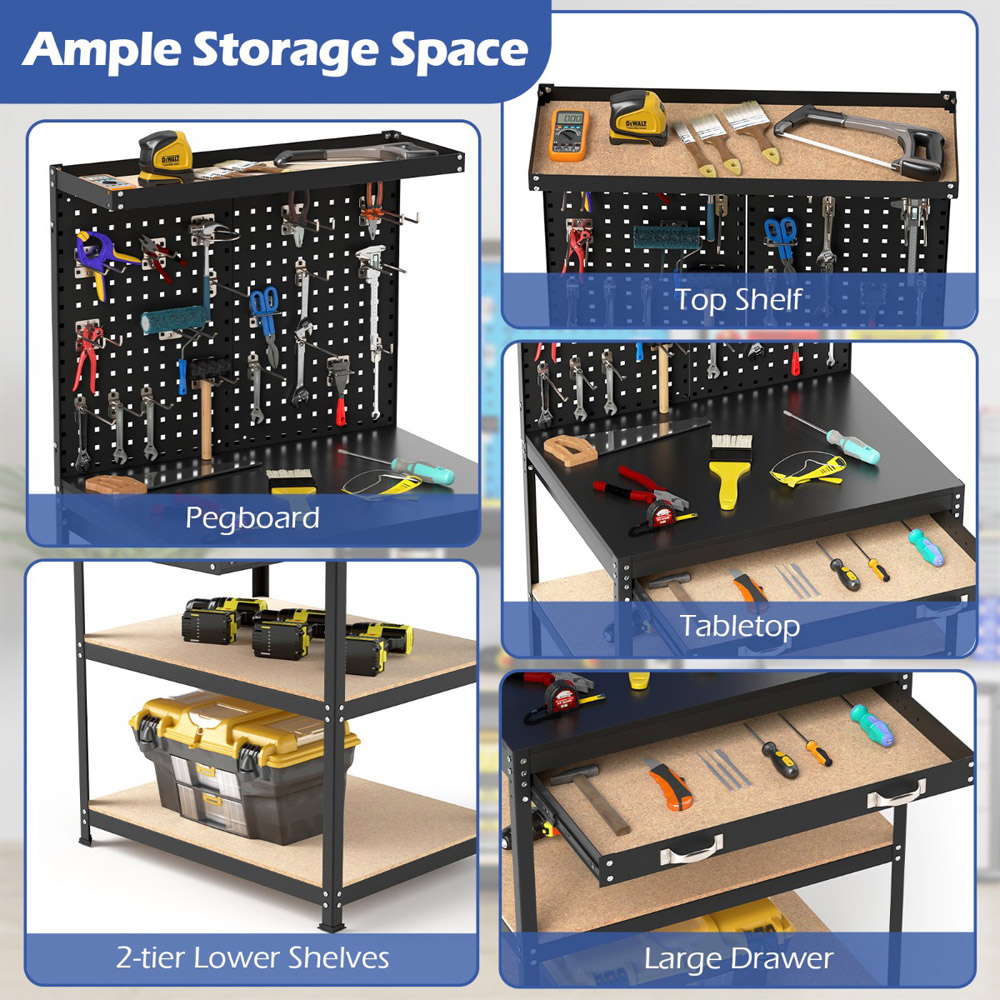 Costway Black Workbench with Pegboard and Shelves 81 x 41cm Image 5
