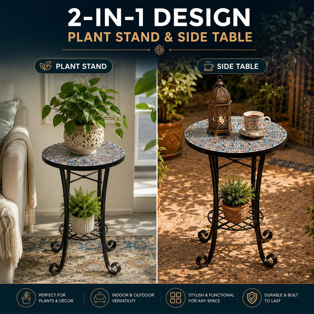 Shatchi Cairo 2-in-1 Single Shelf Mosaic Ceramic Tile Top Plant Stand Side Table Image 8