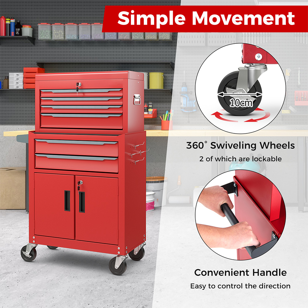 Costway 2 in 1 6 Drawer Red Rolling Tool Chest with Universal Wheels and Hooks Image 8