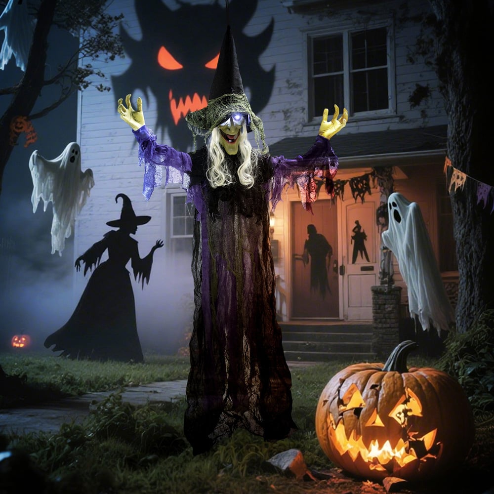Outsunny Voice Activated Animatronics Purple Hanging Witch Halloween Decoration 6ft Image 4