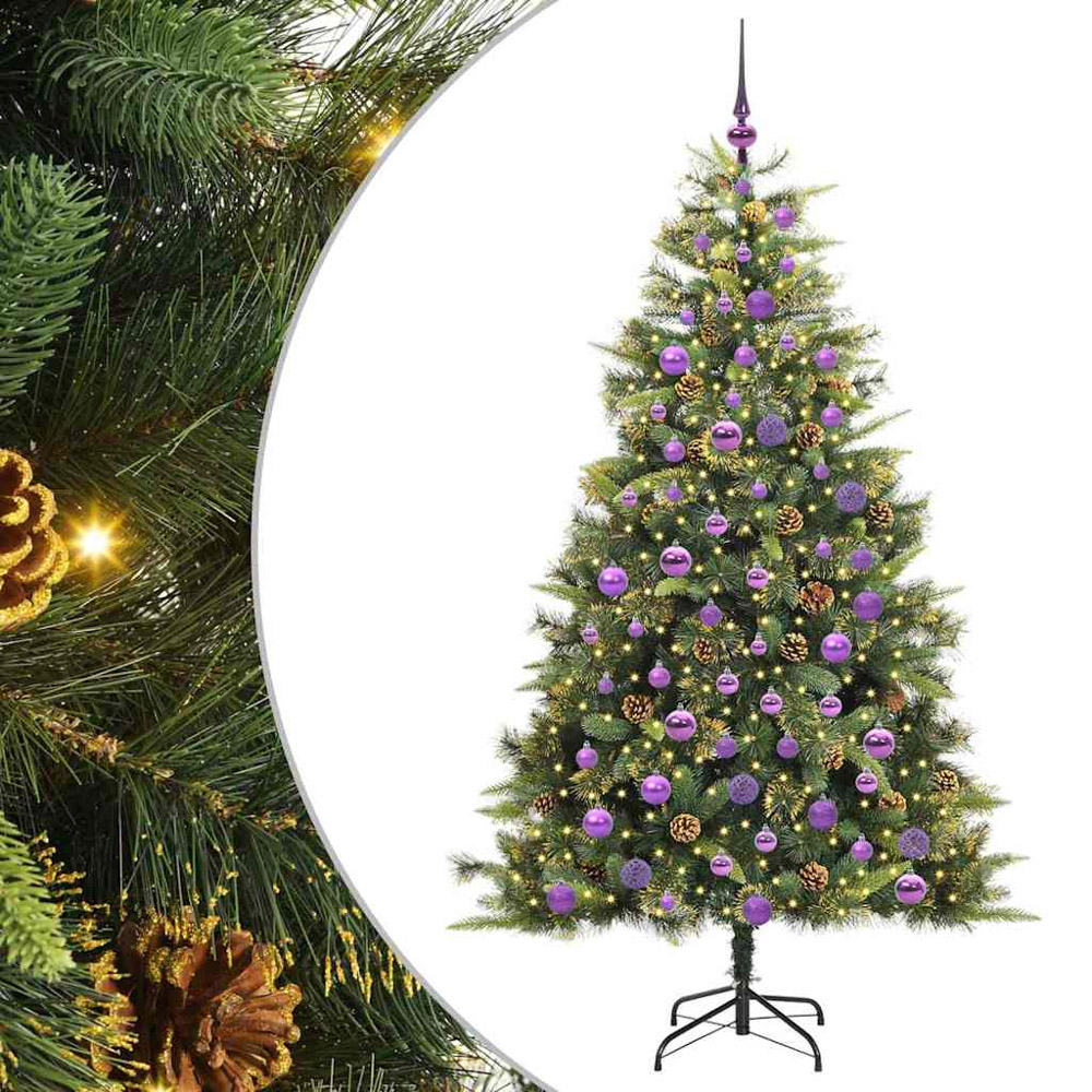 vidaXL Pre-Lit Lilac Baubles and Pinecones Green Artificial Christmas Tree 6ft Image 2