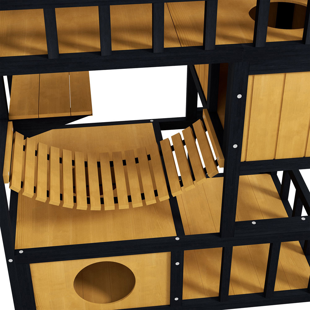 PawHut Outdoor Cat House with Suspension Bridge and Balcony Image 3