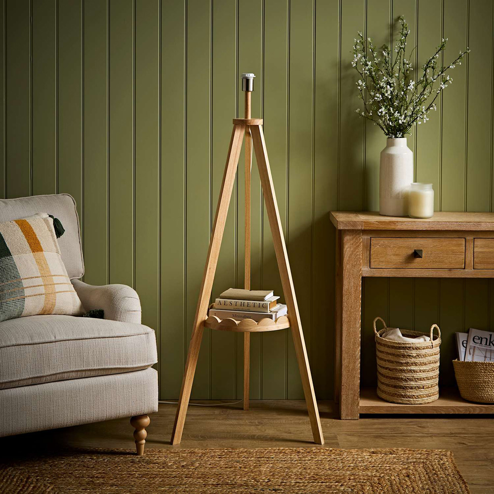 ValueLights Morrigan Single Scallop Shelf Mid Wood Tripod Floor Lamp Base Image 2