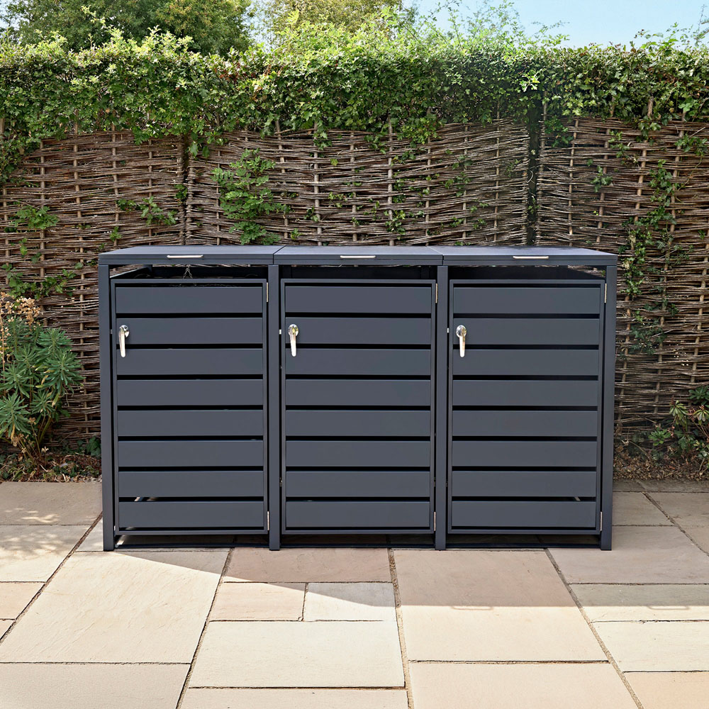 MonsterShop Anthracite Grey Metal 3 Wheelie Bin Storage Shed Image 2