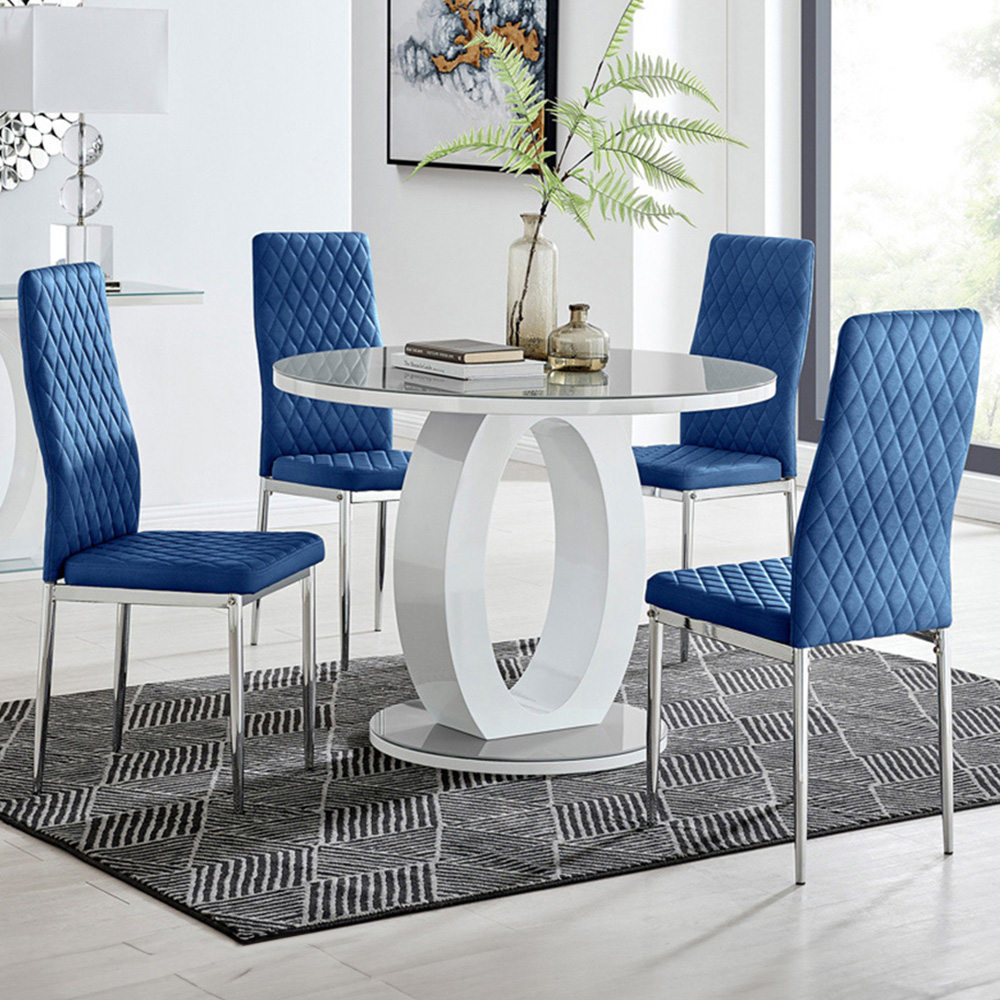Furniturebox Lucia Valera 4 Seater Round Dining Set Grey Gloss Navy and Chrome Image 1