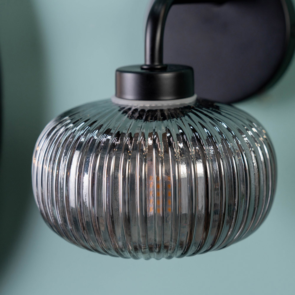 ValueLights Amaia Matt Black Smoked Ribbed Glass LED Wall Light 2 Pack Image 4