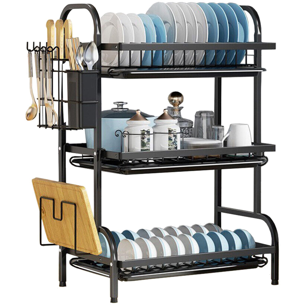 ATEK 3-Tier Black Dish Drying Rack with Drip Trays Cutlery and Chopping Board Holder Image 1