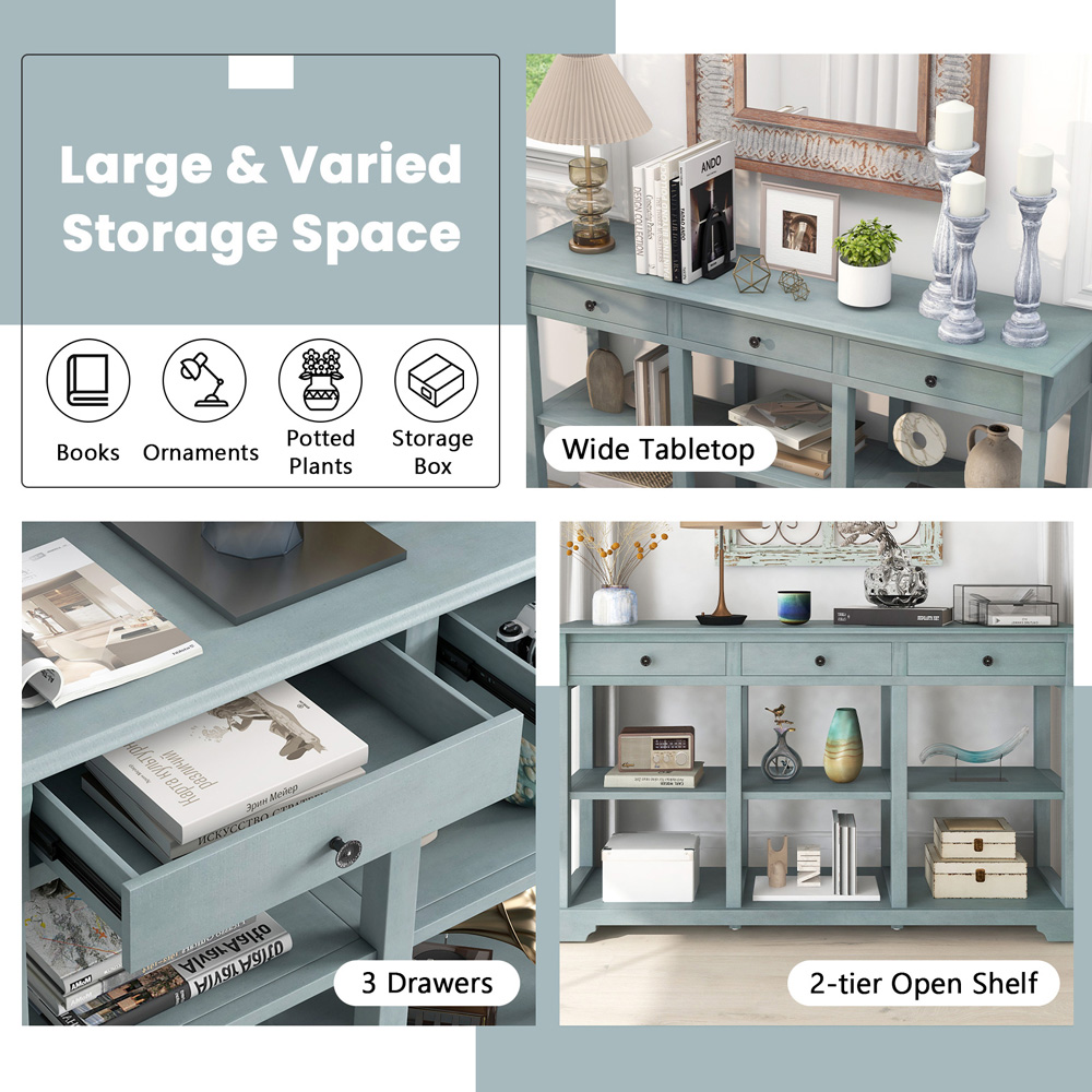 Costway 3 Drawer Open Shelf Blue Retro Console Table Image 8