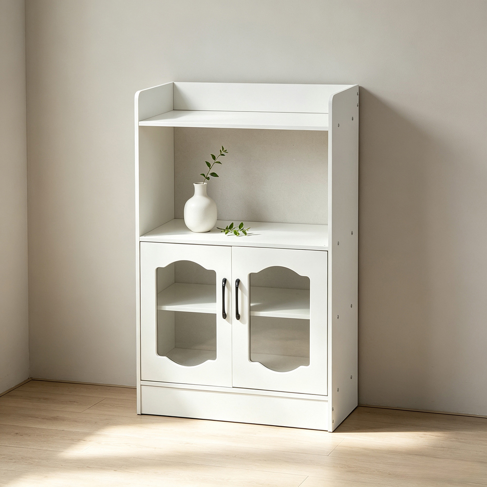 Living and Home 2 Door 2 Shelf White Glass Panel Sideboard Image 7
