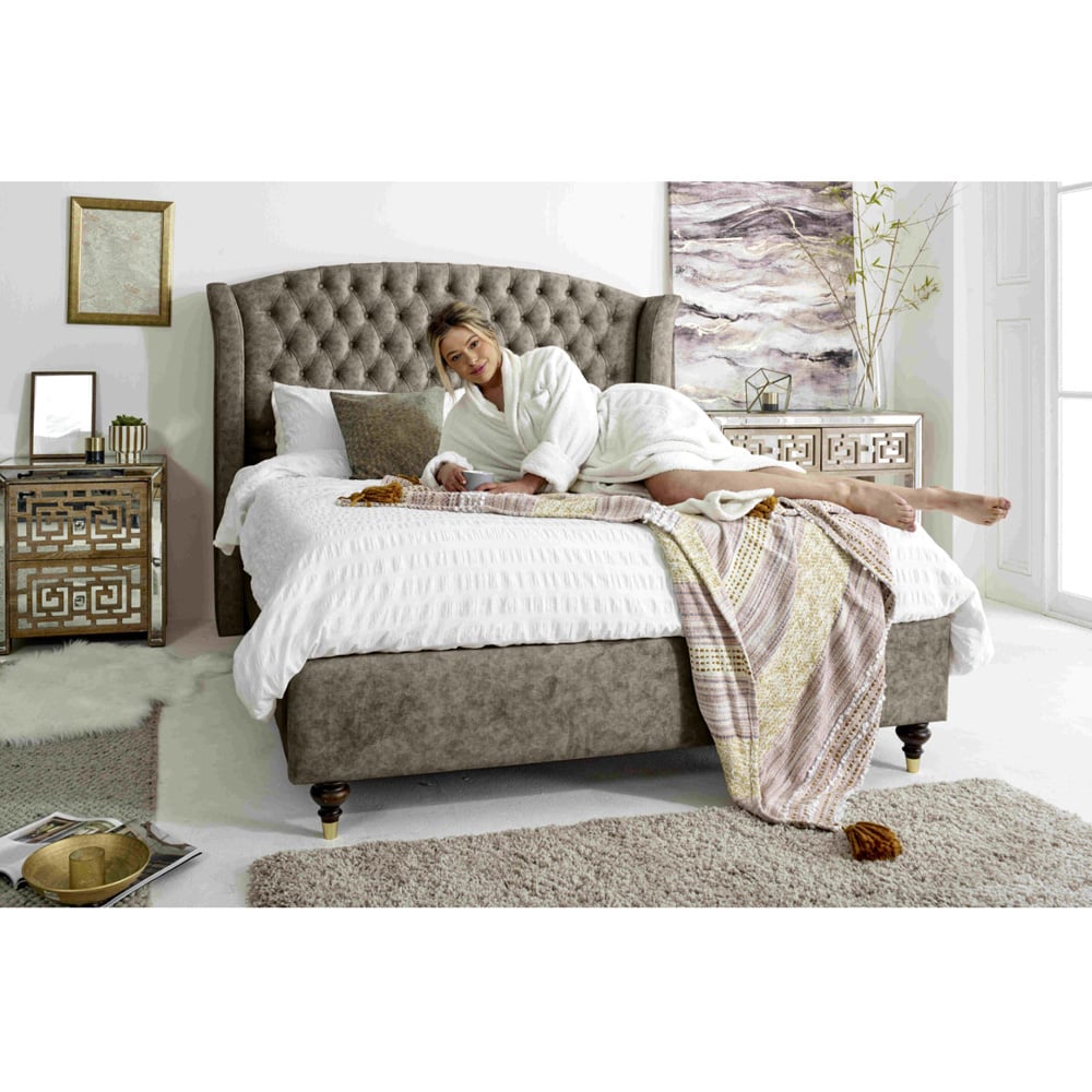 Eleganza Roseland Double Taupe Oakland Fabric Bed Frame with Chesterfield Headboard Image 7