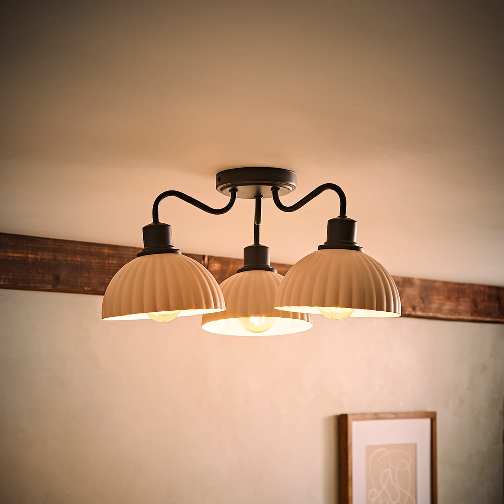 ValueLights Bourton 3 Arm Cream Ribbed Dome Shade Matte Black Ceiling Light with Bulb Image 6