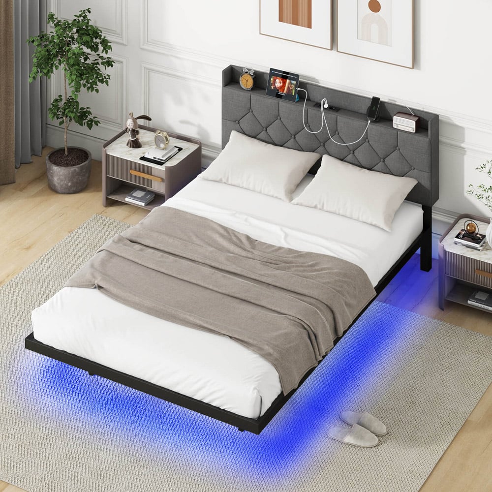 Costway Double Grey Floating Bed Frame with Charging Station Image 3