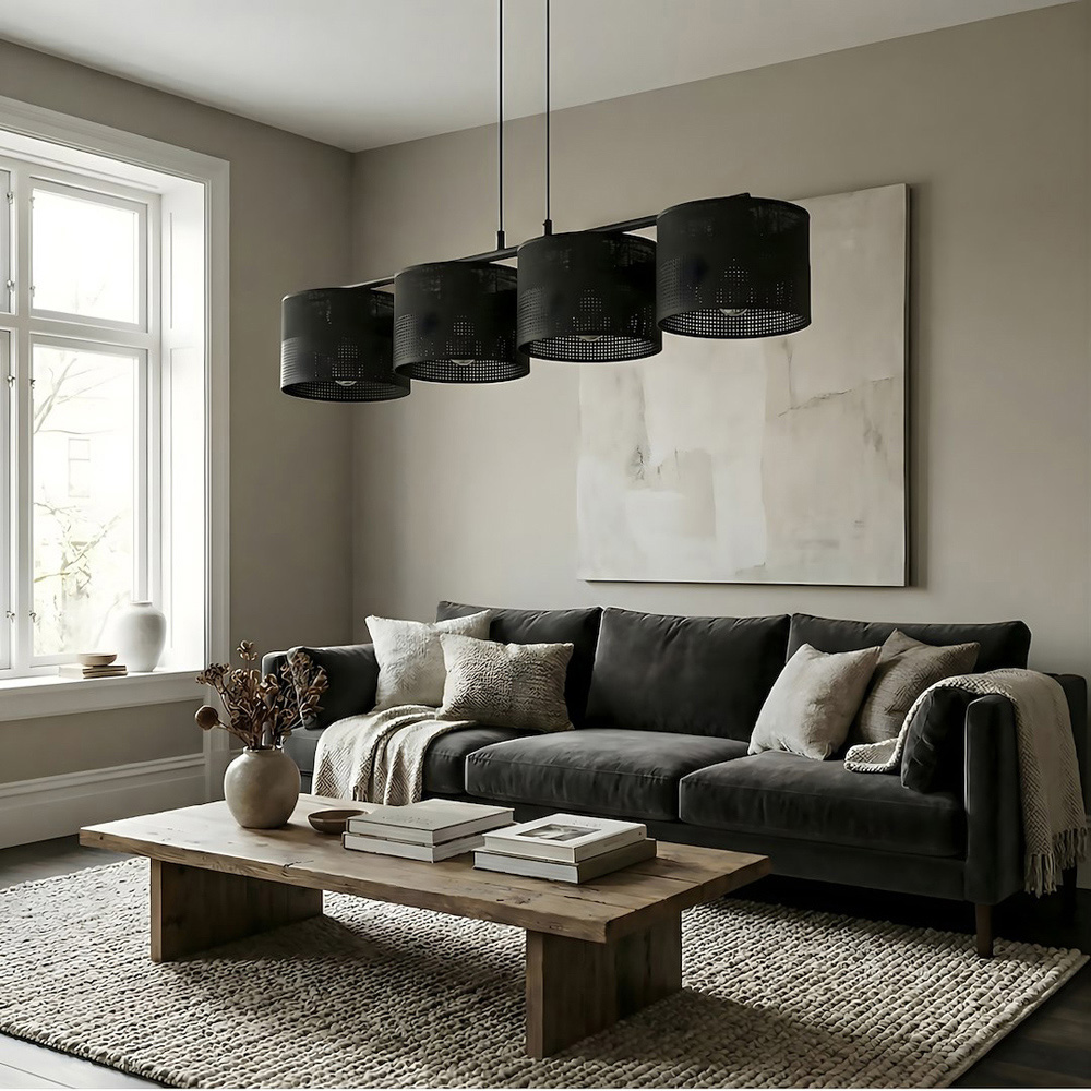 Emibig Karbon 4 Light Cylindrical Shade Black E27 Ceiling Pendant Light Image 2