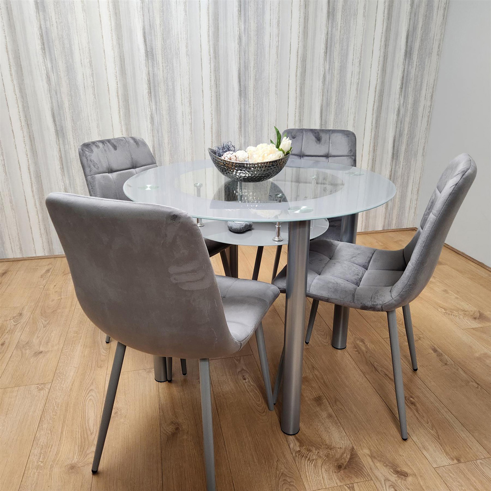 Portland Rocco 4 Seater Round Glass Velvet Dining Set Grey Image 3