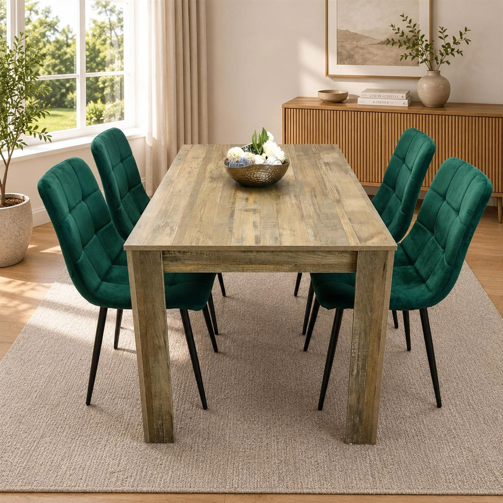 Portland 4 Seater Velvet Dining Set Wood Effect and Green Image 3