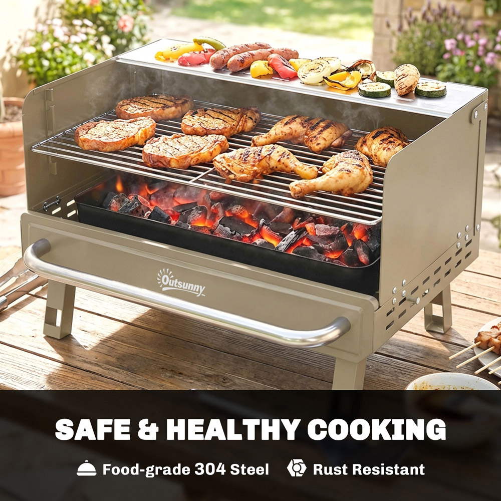 Outsunny Khaki Portable Barbecue Grill with Adjustable Grates and Side Shelf Image 6