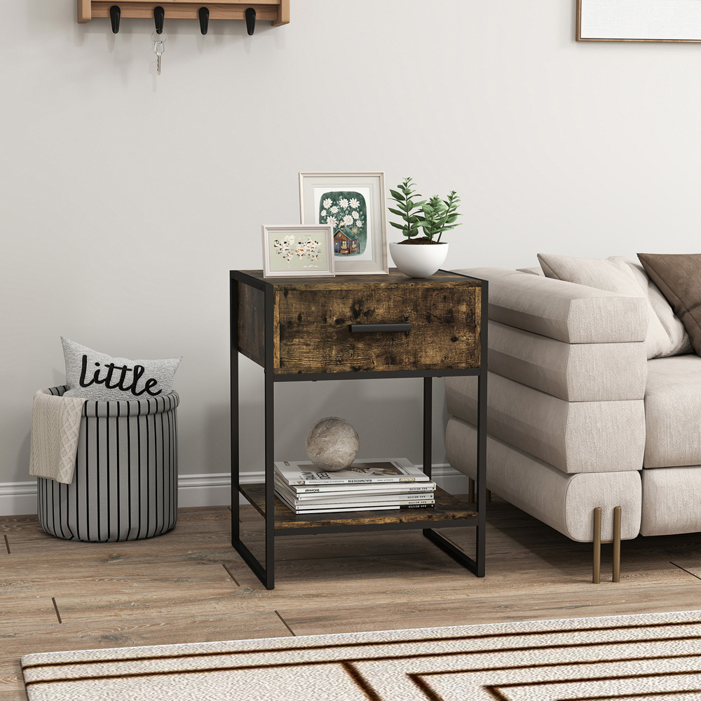 HOMCOM Single Drawer Single Shelf Rustic Brown Modern Bedside Table Image 5