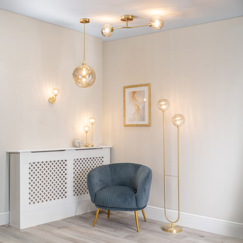 ValueLights Chessy 2 Way Ribbed Glass Gold Stem LED Floor Lamp Image 7