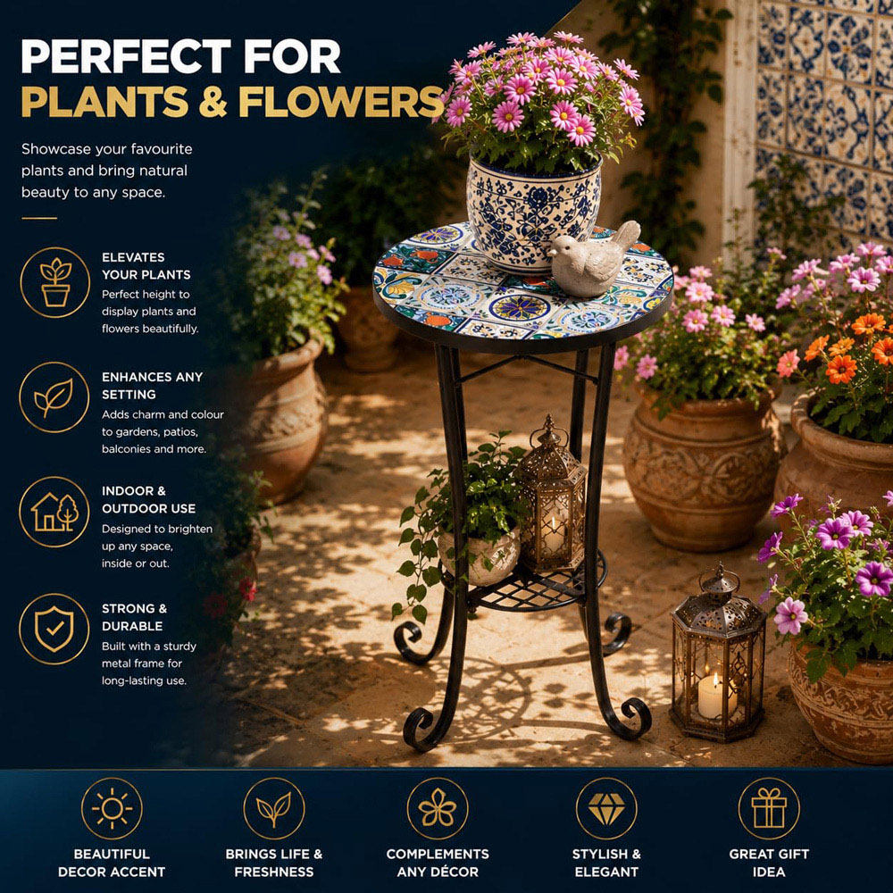 Shatchi Lisbon 2-in-1 Single Shelf Mosaic Ceramic Tile Top Plant Stand Side Table Image 7