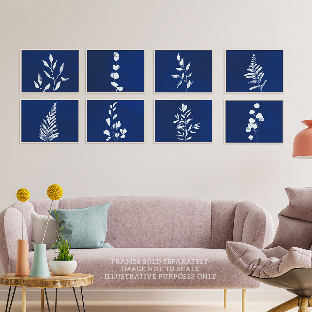 Wee Blue Coo White Cobalt Blue Foliage Watercolour Wall Art Print 30 x 41cm 8 Pack Image 2