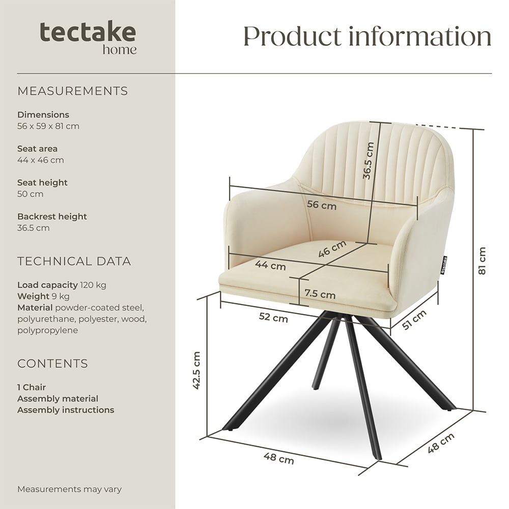 tectake Cream Black Velvet Swivel Armchair Image 9