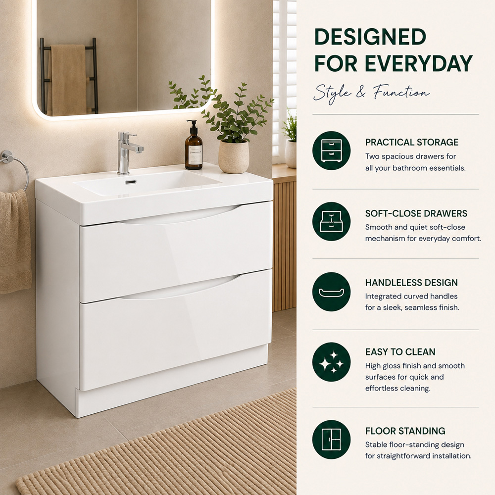 Go Bathrooms Erin 2 Drawer Gloss White Floorstanding Vanity Unit with Resin Basin 900mm Image 5