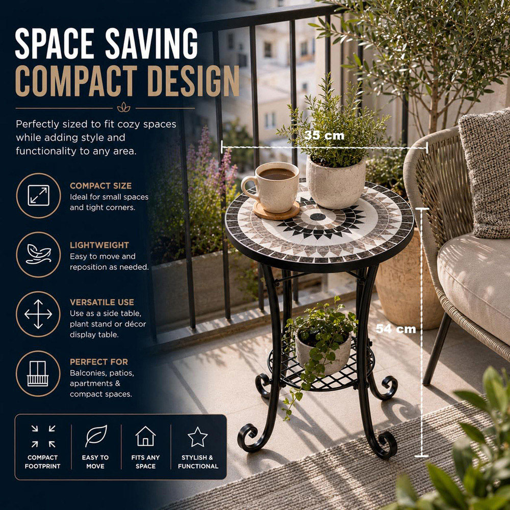 Shatchi Medina 2-in-1 Single Shelf Mosaic Ceramic Tile Top Plant Stand Side Table Image 9