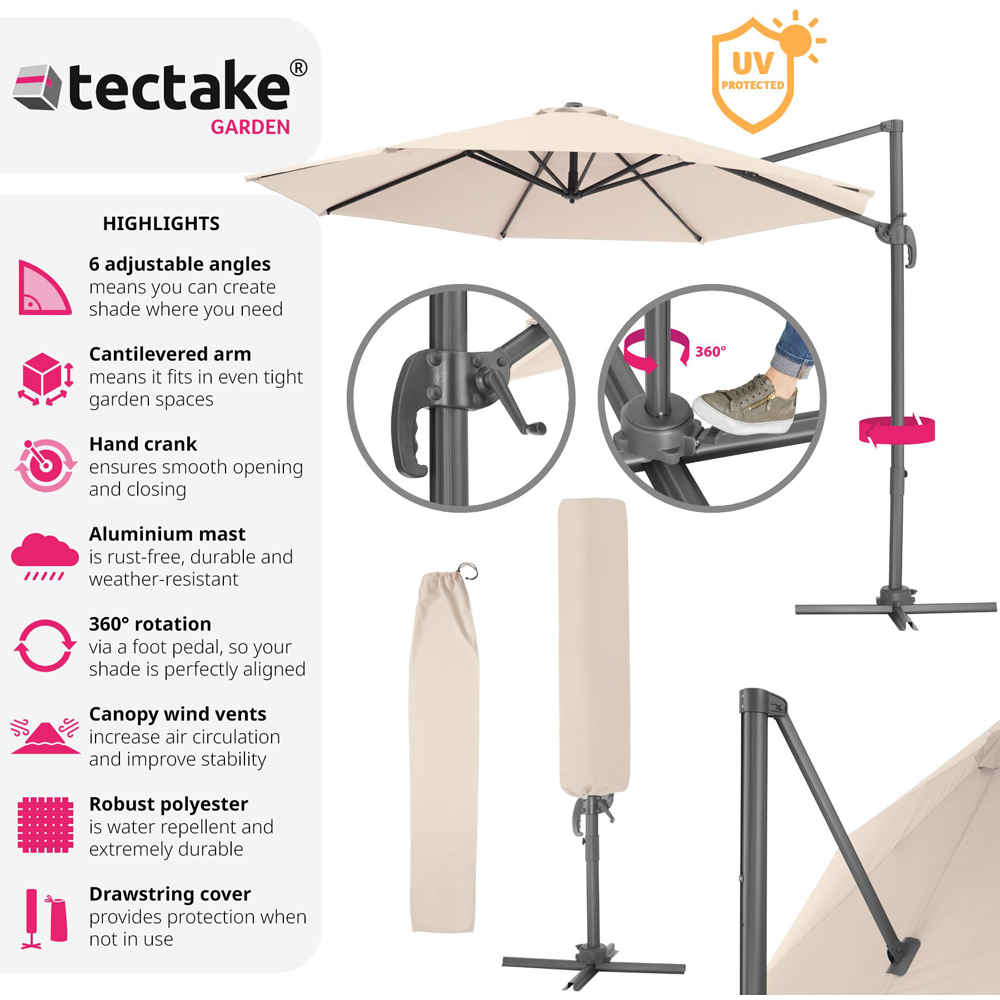tectake Daria Beige Cantilever Garden Parasol with Foot Pedal 3m Image 6