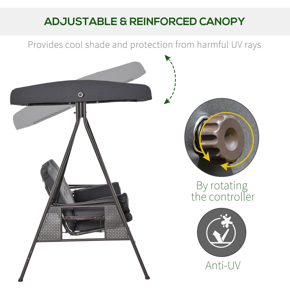 Outsunny 3 Seater Dark Grey Swing Chair with Canopy and Cup Tray Image 5