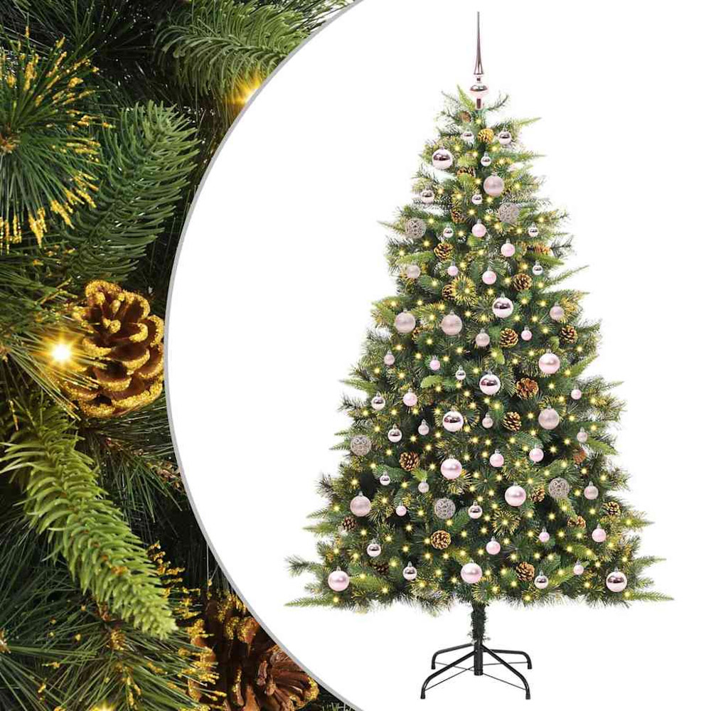 vidaXL Pre-Lit Pink Baubles and Pinecones Green Artificial Christmas Tree 6ft Image 2