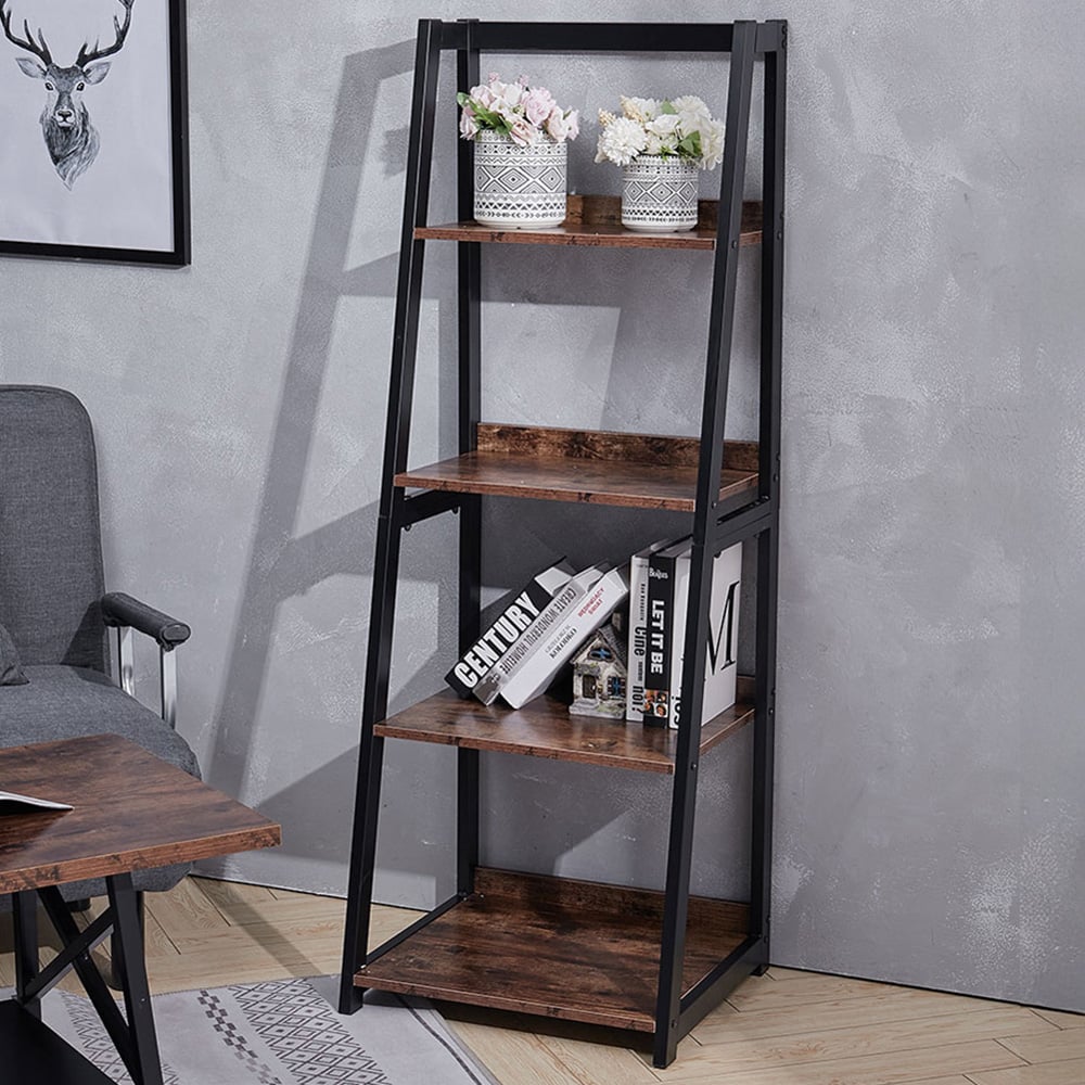 Living and Home 4 Shelf Industrial Wooden Ladder Bookcase Image 1